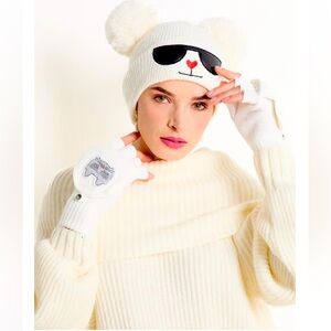 Karl Lagerfeld White Beanie Pom Pom Ears Choupette/Flip Top Gloves Boxed Set